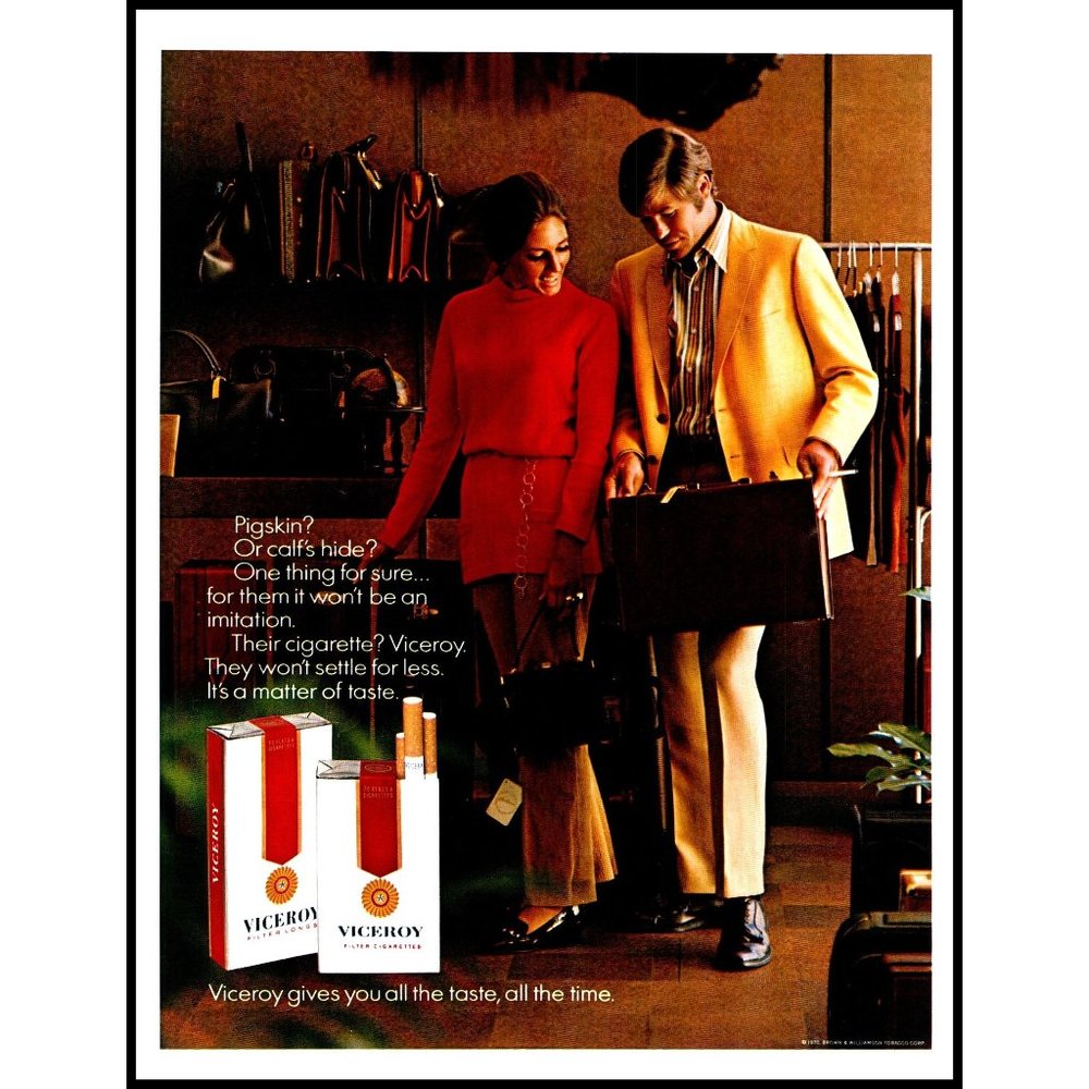 1971 Viceroy Cigarettes Vintage Print Ad Couple Shopping Leather Bag Brunette